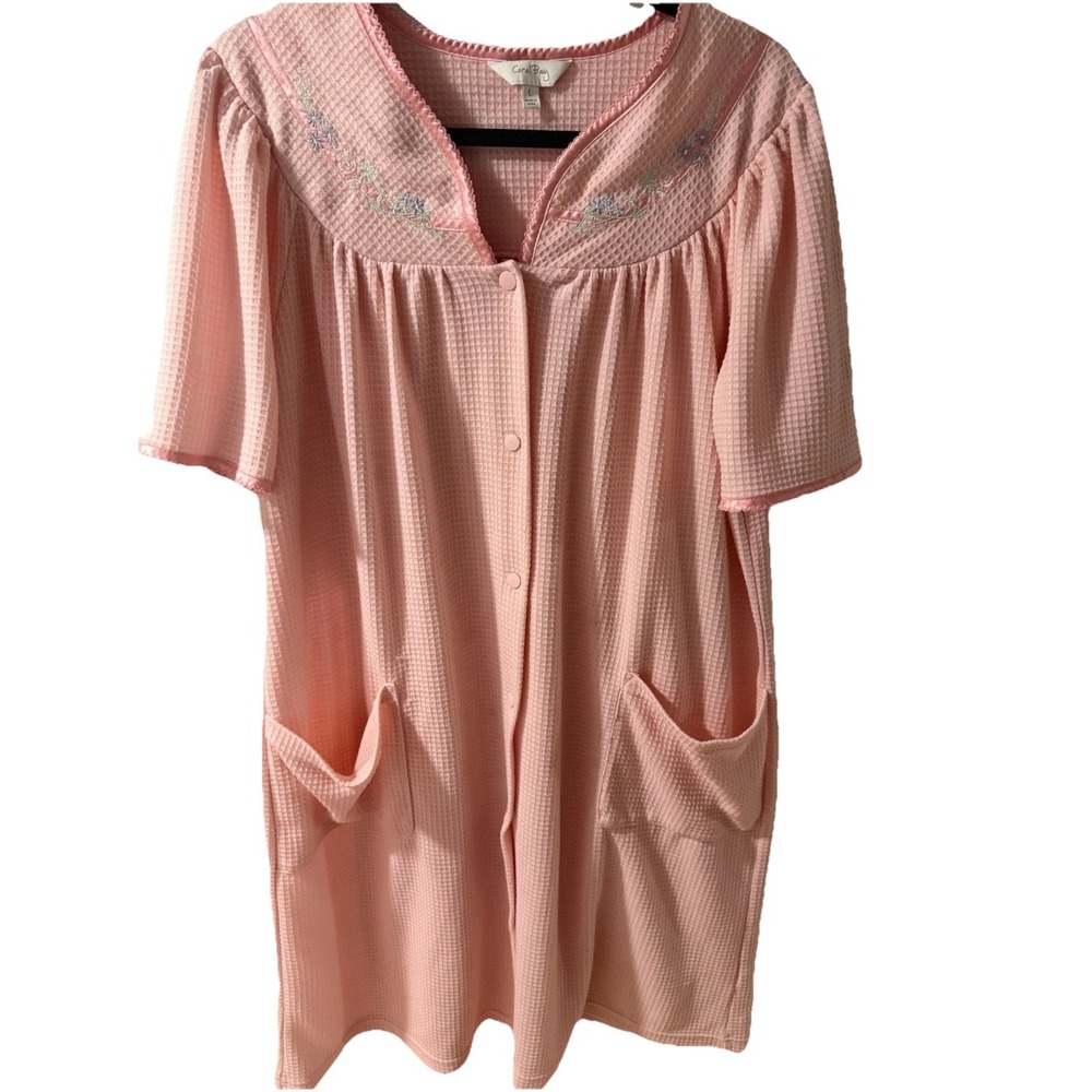 Coral Bay Casual Duster Snap Front Housecoat Waffle Knit Robe Coral Sz-L